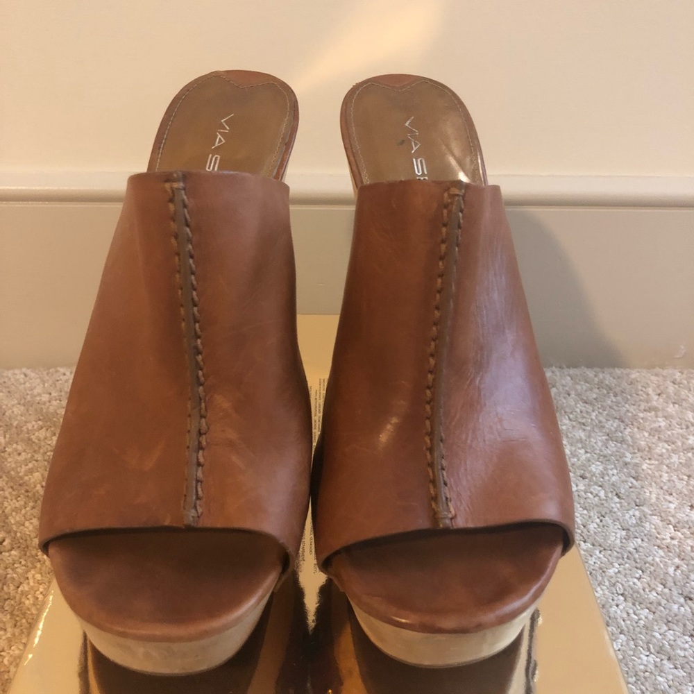 Via Spiga Slide on Heel, Brown Leather & Wood Heel